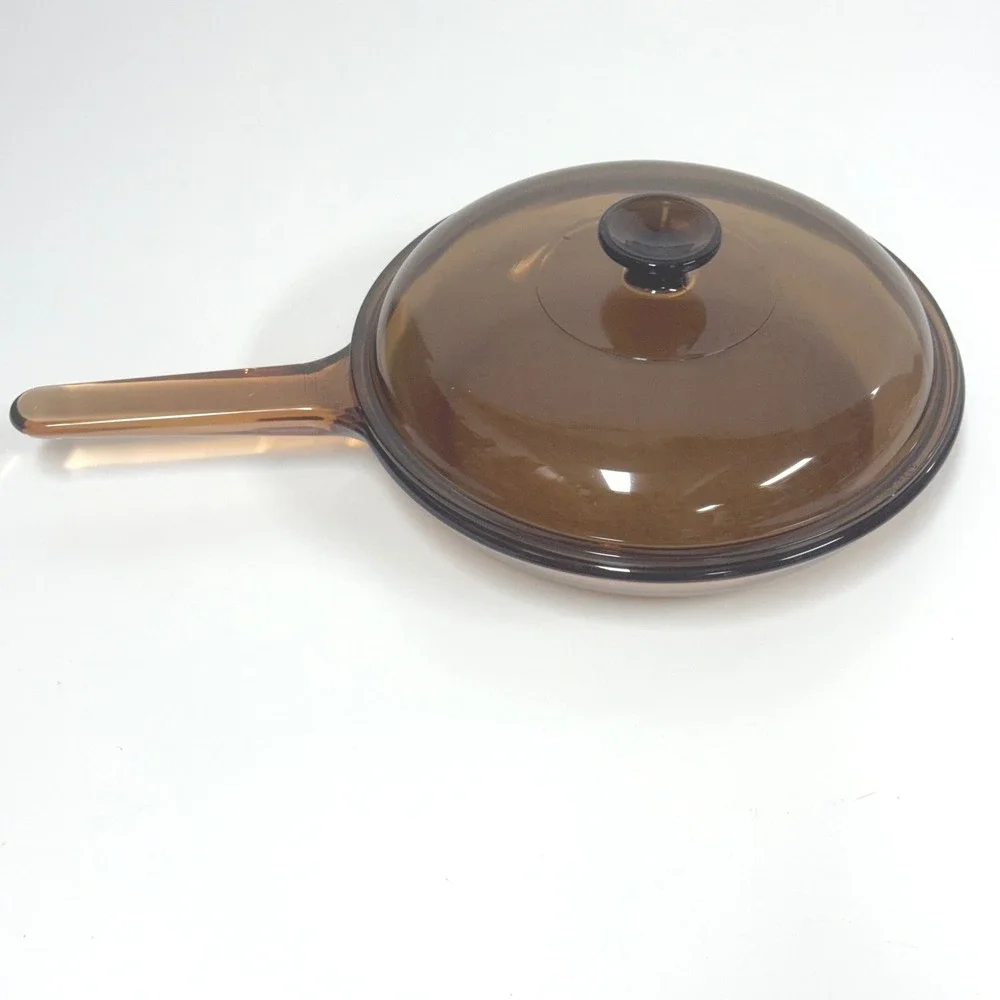 Vintage Corning Visions Amber Glass Skillet Frying Pan with Lid 10